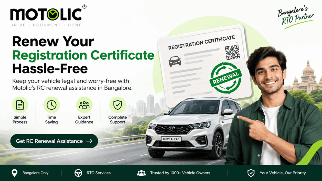 Motolic banner promoting hassle-free RC renewal assistance in Bangalore, featuring a registration certificate, car, and customer support benefits.